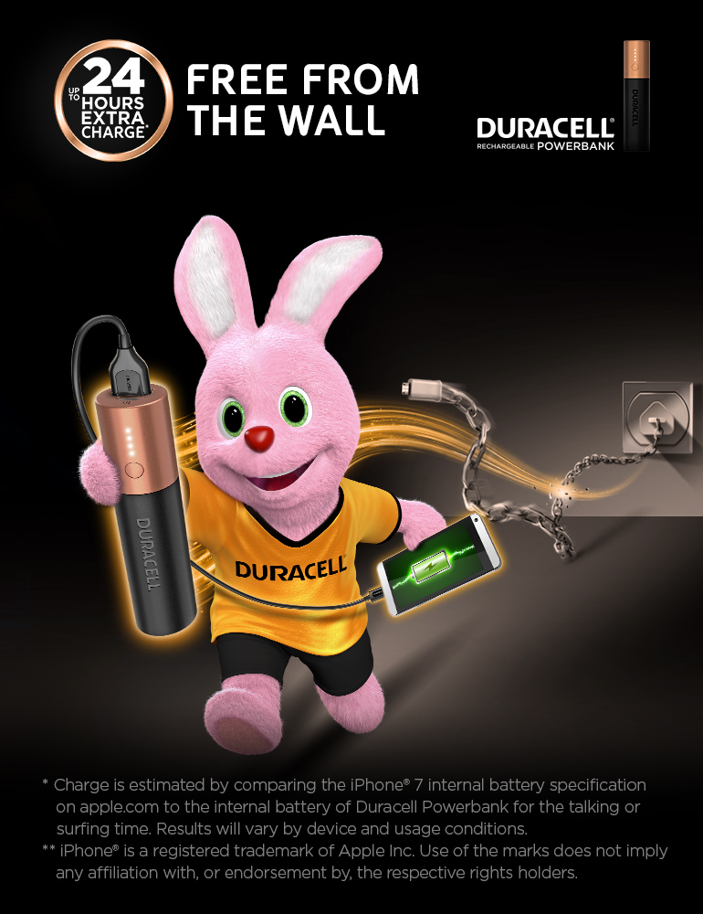 Free from wall and ready for action - Duracell Rechargeable Power bank 3350mAh