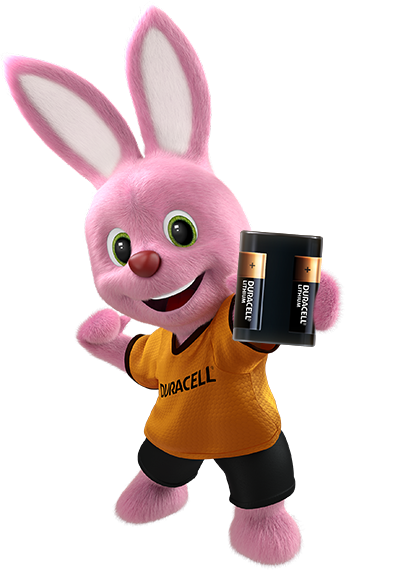 Bunny holding Duracell 245 size high power lithium battery