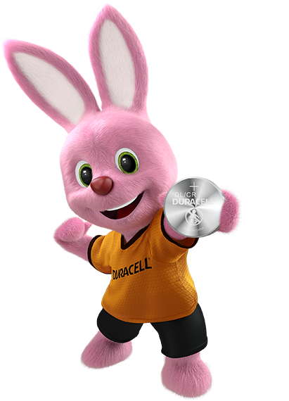 Bunny holding Duracell Specialty Lithium Coin 2016 Battery 3V