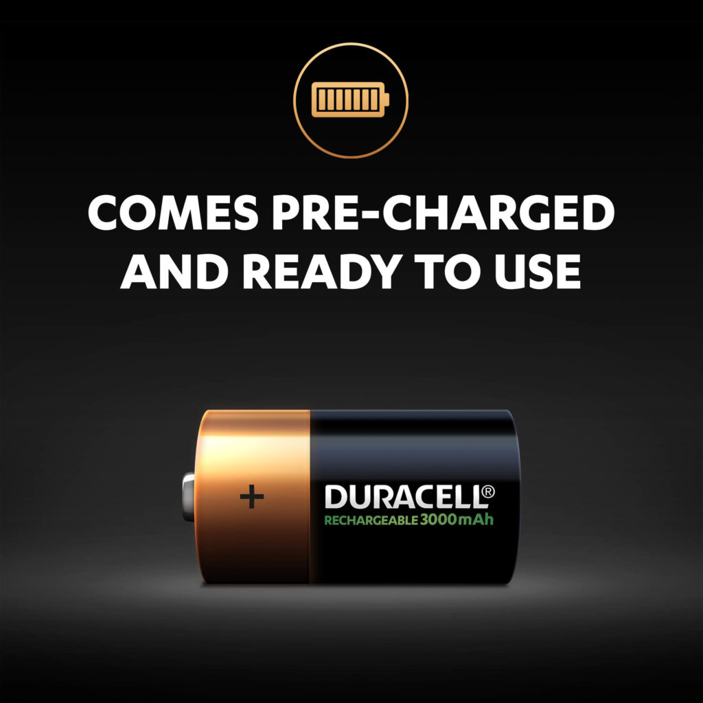 Rechargeable C-size battery comes pre-charged and ready to use